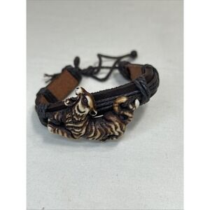 Unique Brown Leather Roped Bracelet With Roaring Tiger Carved Pendent